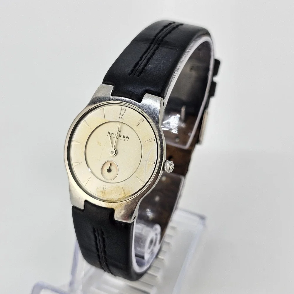 Skagen Women's Watch 28MM Cream Dial Brown Leather Bands NEW Battery READ